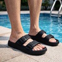 LARANGE Men's Twin Buckle Pillow Slides - Cushioned Adjustable Slip-On Black Sandals | Size: 6-7