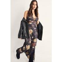 NastyGal Women's Satin Floral Cutwork Lace Split Leg Maxi Dress in Black | Size: 8
