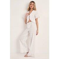 NastyGal Women's Broderie Tie Front Ruffle Trouser Pajama Set in White | Size: Small