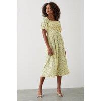 Dorothy Perkins Women's Yellow Ditsy Floral Shirred Midi Dress | Size: 10