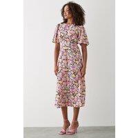 Dorothy Perkins Women's Pink Floral Flutter Sleeve Shirred Waist Midi Dress | Size: 10