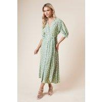Dorothy Perkins Women's Petite Green Spot Belted Puff Sleeve Shirt Dress | Size: 10