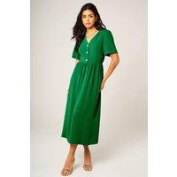 FS Collection Women's Button Detail Shirred Waist Midi Dress in Green | Size: Medium
