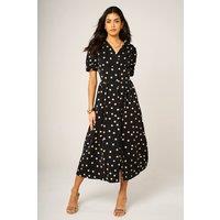 FS Collection Women's Dot Print Puff Sleeves Button Front Midi Dress in Black | Size: Small