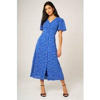 FS Collection Women's Little Floral Print Short Sleeve Button Front Midi Dress in Blue | Size: XL