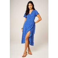 FS Collection Women's Angel Sleeve Floral Wrap Midi Dress with Hem Frill Detail in Blue | Size: Large
