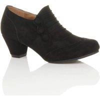 AJVANI Women's Mid Cuban Heel Brogue Button Faux Suede Ankle Boots in Black | Size: 6
