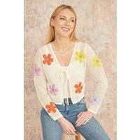 Yumi Women's White Tie Front Cardigan With Flower Design in Ivory | Size: Small