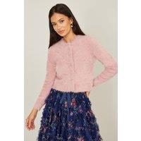 Yumi Women's Pink Eyelash Knit Cropped Cardigan | Size: Large