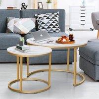 Huhote Round Nesting Coffee End Table Metal Frame Marble Finish 2 Set in Gold