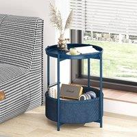Huhote Round Side Table Fabric Basket End Table for Small Space 2 Tiers in Blue