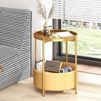 Huhote Round Side Table Fabric Basket End Table for Small Space 2 Tiers in Gold