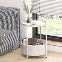 Huhote Round Side Table Fabric Basket End Table for Small Space 2 Tiers in White