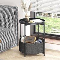 Huhote Round Side Table Fabric Basket End Table for Small Space 2 Tiers in Black