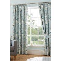 Dreams & Drapes 'Eve' 100% Cotton Floral Pair of Pencil Pleat Curtains With Tie-Backs in Duck Egg Blue | Size: 229 cm width x 183 cm drop