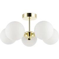 Happy Homewares Chic Polished Gold 5-Arm Ceiling Light with White Globe Glass Shades
