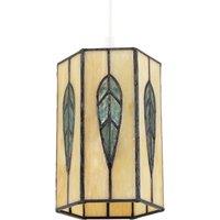 Happy Homewares Hexagonal Tiffany Pendant Light Shade with Emerald Green Leaf Decor