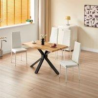 KOSY KOALA Wooden Dining Table X-Shaped Legs with 4 White Leather Chairs - Dining Kitchen Room Furnitu in Brown