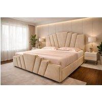 PARADISE BEDS LTD Art Deco Upholstered Ottoman Gas Lift Storage Bed Frame with Headboard in Beige | Size: Small Double