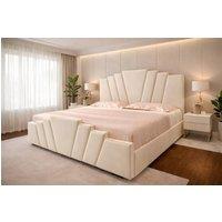 PARADISE BEDS LTD Art Deco Upholstered Ottoman Gas Lift Storage Bed Frame with Headboard in Cream | Size: Small Double