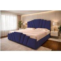 PARADISE BEDS LTD Art Deco Upholstered Ottoman Gas Lift Storage Bed Frame with Headboard in Dark Blue | Size: King