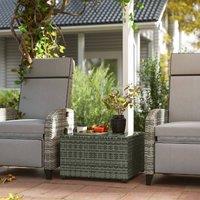 OUTSUNNY Outdoor Coffee Table with Glass Top, Rattan Side Table, Light Grey
