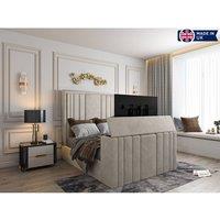 KDMD Atom Upholstered Soft Velvet Pebble Tv Bespoke Bed Frame in Light Sand | Size: Super King