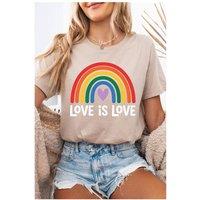 Everyday The Label Women's Khaki Love is Love Rainbow Heart Printed Cotton Blend T-Shirt | Size: Medium