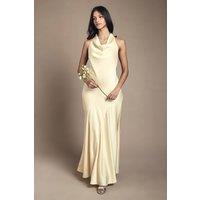 Oasis Women's Petite Cowl Halterneck Satin Maxi Bridesmaid Dress in Lemon | Size: 14