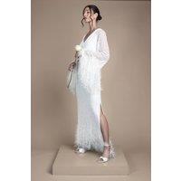 Coast Women's Sequin Embellished Feather Trim Long Sleeve Maxi Wedding Dress in Ivory | Size: 12