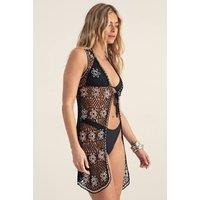 NastyGal Women's Premium Crochet Beaded Floral Mini Dress in Black | Size: Large