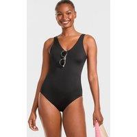 Lands' End Women's Tugless V-Neck High Leg Swimsuit in Black | Size: 14