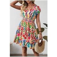 Everyday The Label Women's Sky Blue Abstract Print V Neck Dolman Sleeve Ruffle Tiered Mini Dress | Size: Small