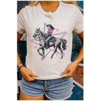 Everyday The Label Women's White Star Cowgirl Graphic Round Neck T-Shirt | Size: 22