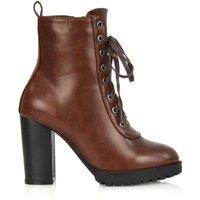 XY London Women's 'Ariel' Lace up High Block Heel Zip-up Biker Ankle Boots in Brown | Size: 7