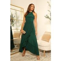 DOUBLE SECOND Women's Crepe Halter Neck Wrap Front Frill Maxi Dress in Green | Size: 14
