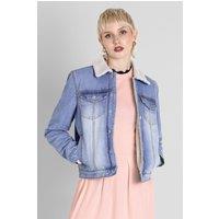 Enorsia Women's Borg Lined Regular Fit Denim Jacket in Light Blue | Size: 8