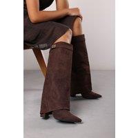 Where's That From Women's Keira Fold Over Shark Block Heel Point Toe Boots in Brown | Size: 4