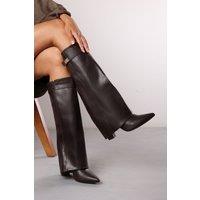 Where's That From Women's Keira Fold Over Shark Block Heel Point Toe Boots in Dark Brown | Size: 8