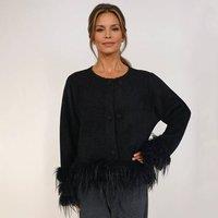 PEACH ACCESSORIES Women's Feather-Trim Cropped Double Row Buttons Cardigan in Black