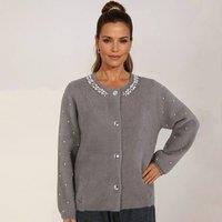 PEACH ACCESSORIES Women's Elegant Pearlies Embellished Sleeves Soft Cardigan in Taupe