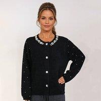 PEACH ACCESSORIES Women's Elegant Pearlies Embellished Sleeves Soft Cardigan in Black