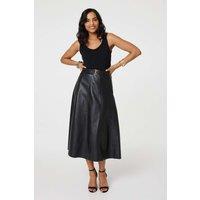 Izabel London Women's Faux Leather Belted Midi Skirt in Black | Size: 16