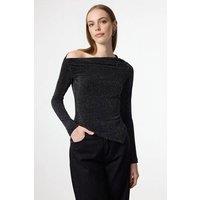 WOVCOR Women's Asymmetric Neck Glitter Knit Long Sleeve Top in Dark Grey | Size: 8