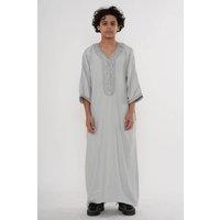 Thobez Boy's Moroccan Thobe Half Sleeve Eid Embroidery Kaftan Ramadan in Light Grey | Size: 11-12 Years