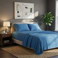 Snug City Soft Plain Brushed Cotton Fitted Flat Sheet Matching Pillowcases Set in Blue | Size: Single