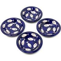 Verano Spanish Ceramics Signature Blue & White Fish Hand Painted Ceramic Set of 4 Tapas Bowls (Diam) 10cm
