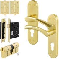 AFIT Satin Brass Euro Cylinder Door Handle Lock Hinges Complete Set in Gold | Size: 150mm x 150mm