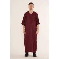 Thobez Men's Moroccan Thobe Half Sleeve Gandoura Embroidery Kaftan Eid Ramadan in Wine | Size: 62R