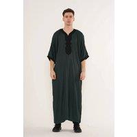 Thobez Men's Moroccan Thobe Half Sleeve Gandoura Embroidery Kaftan Eid Ramadan in Dark Green | Size: 62R